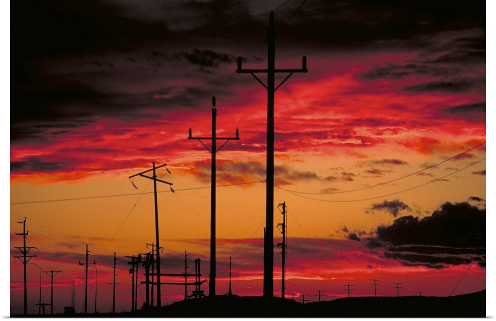 Usa, Nebraska, light poles and sunset along the Lincoln Highway, Highway 80