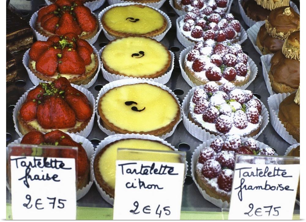 France, Paris: different pastries in a window shop.
From left to right: strawberry, lemon, raspberry.