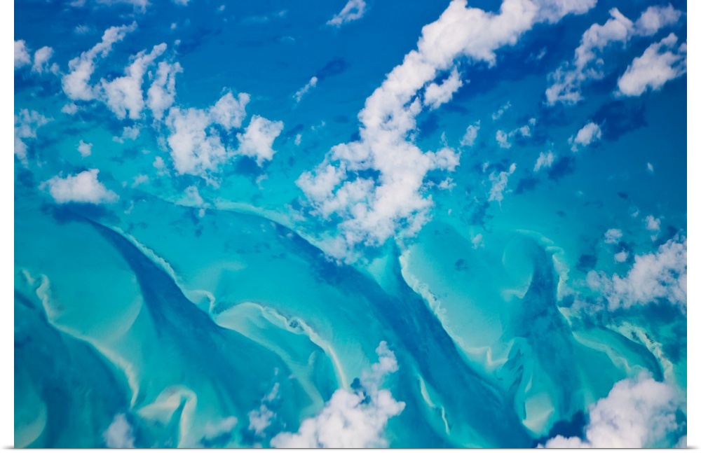 Aerial of a Caribbean sandbar with current created grooves and channels.