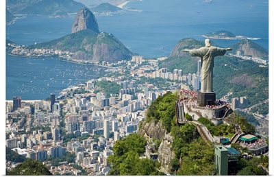Aerial of the Christ the Redeemer statue overlooking Rio de Janeiro