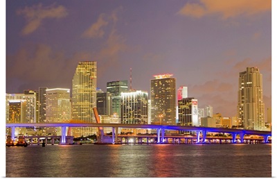 The Miami causeway and skyline at night
