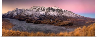 Alpenglow after sunset above Clyde River, Canterbury, New Zealand