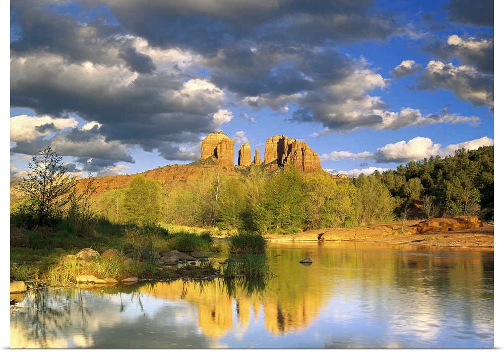 The reflection of Cathedral Rock at Red Rock crossing in Sedona, Arizona on a cloudy day.