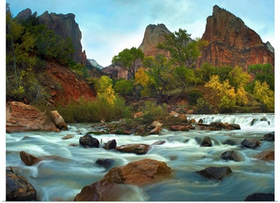 Court of the Patriarchs rising above river, Zion National Park, Utah