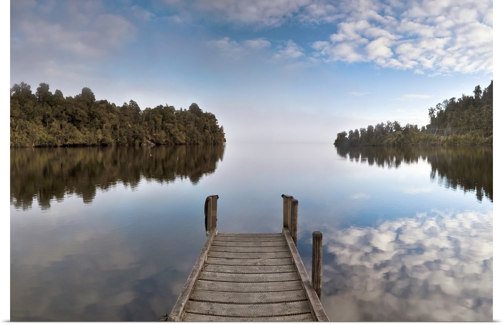 Lake Mapourika, early morning panorama with mist rising off water, near Franz Josef Glacier, Westland National Park