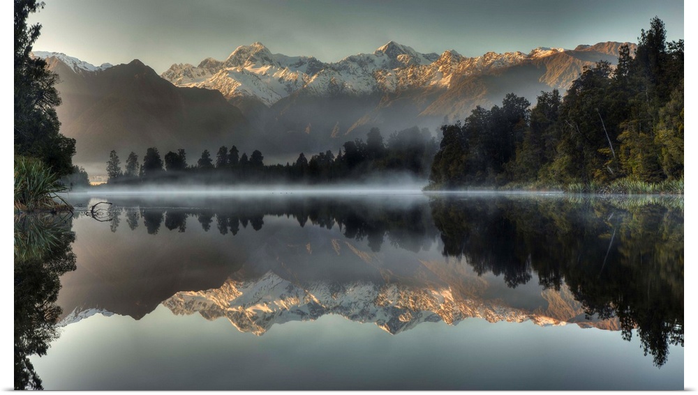 Mount Tasman and Mount Cook reflected in Lake Matheson, South Island, New Zealand.