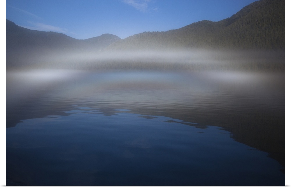 Ocean fog lifting off the water at the mouth of Kynoch Inlet, Fjordland Conservancy, BC, Canada