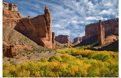 Spider Rock and fall colored trees in river valley, Arizona