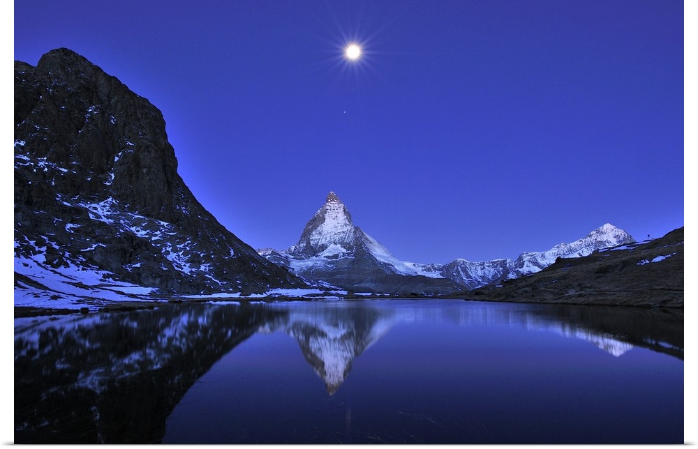 Matterhorn - with reflection - Riffelsee - at night - full moon - before sunrise - Switzerland
