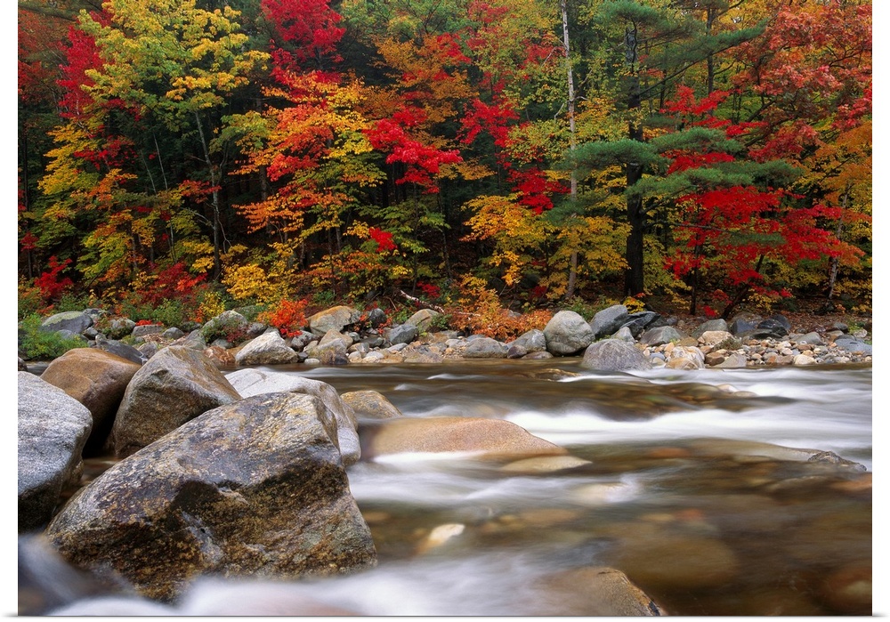 A time lapsed photograph of a boulder filed river with New England autumn trees growing on the shore.