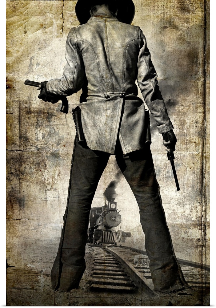 Large, vertical movie advertisement for the 2007 film 3:10 to Yuma, the backside of a cowboy holding a gun in each hand, a...