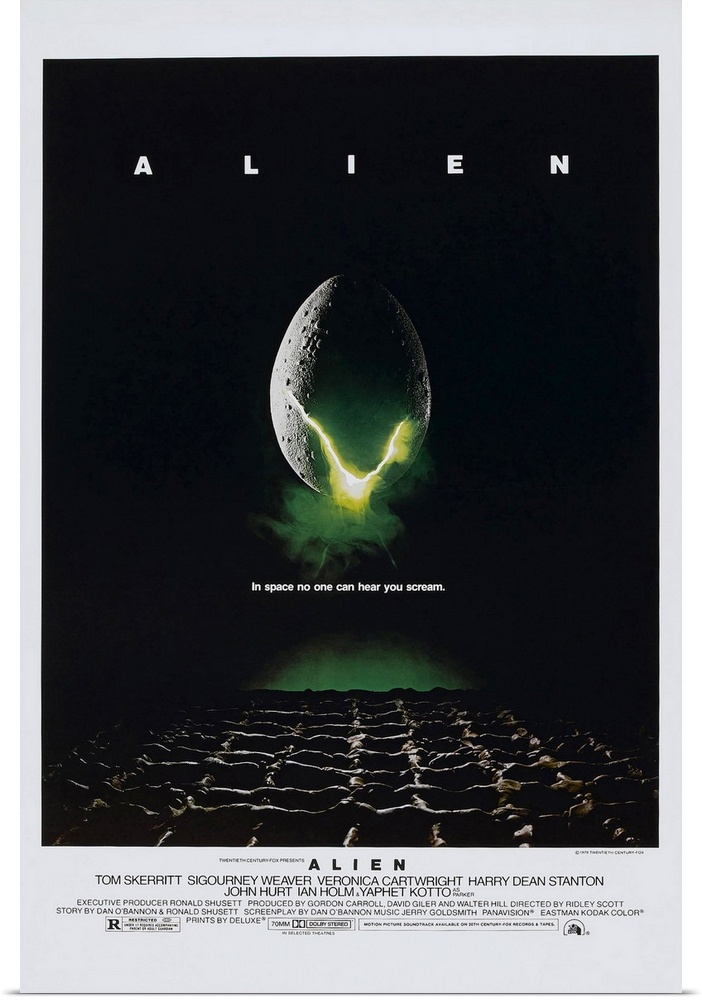 Big vertical movie advertisement for the 1979 film, Alien, starring Tom Skerritt and Sigourney Weaver.  A large egg is cra...