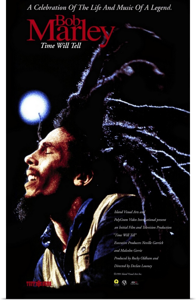 Poster promoting Bob Marley's 1992 album Time Will Tell with a photo of Bob Marley and his long dredlocks.