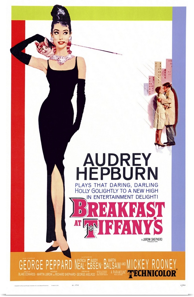 Movie poster for "Breakfast at Tiffany's". It shows Audrey Hepburn standing in a black gown with black gloves on and a cat...