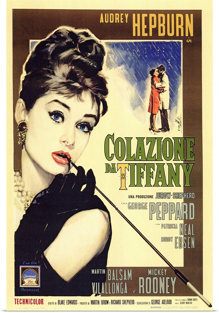 This is the Italian version movie poster for Breakfast at Tiffany's. Audrey Hepburn largely takes up the poster as she smo...
