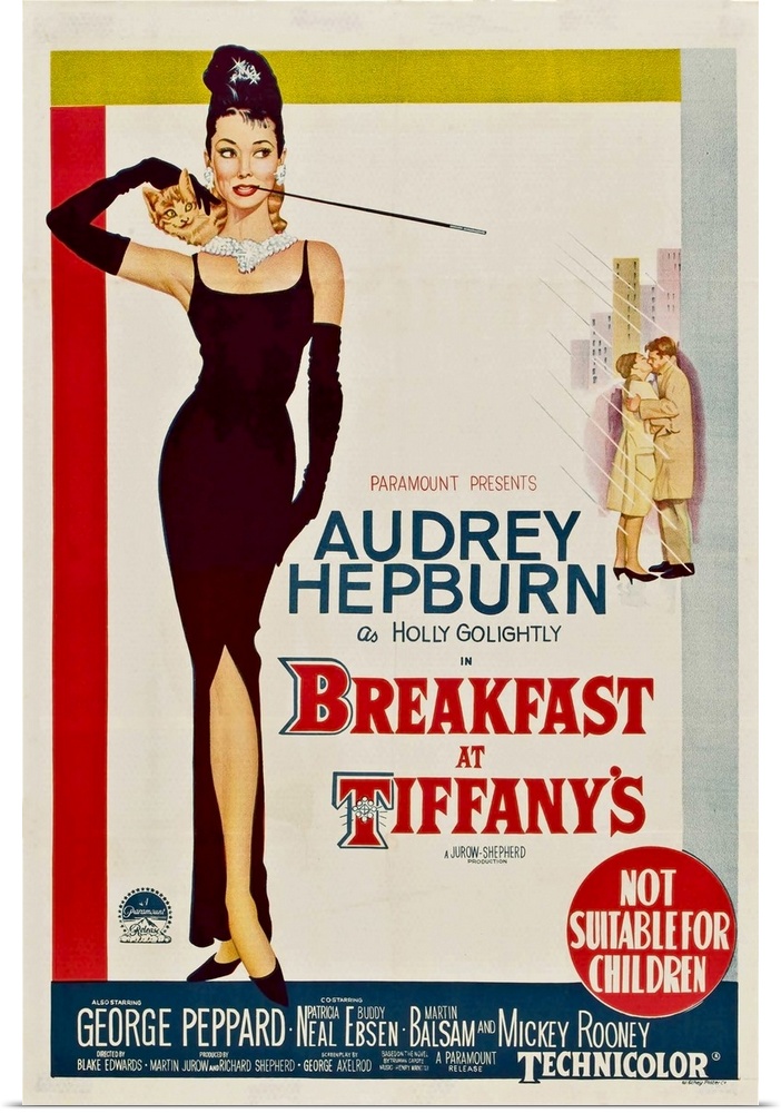 Vertical, large vintage advertisement for the movie "Breakfast At Tiffany's", with actress Audrey Hepburn featured in a bl...
