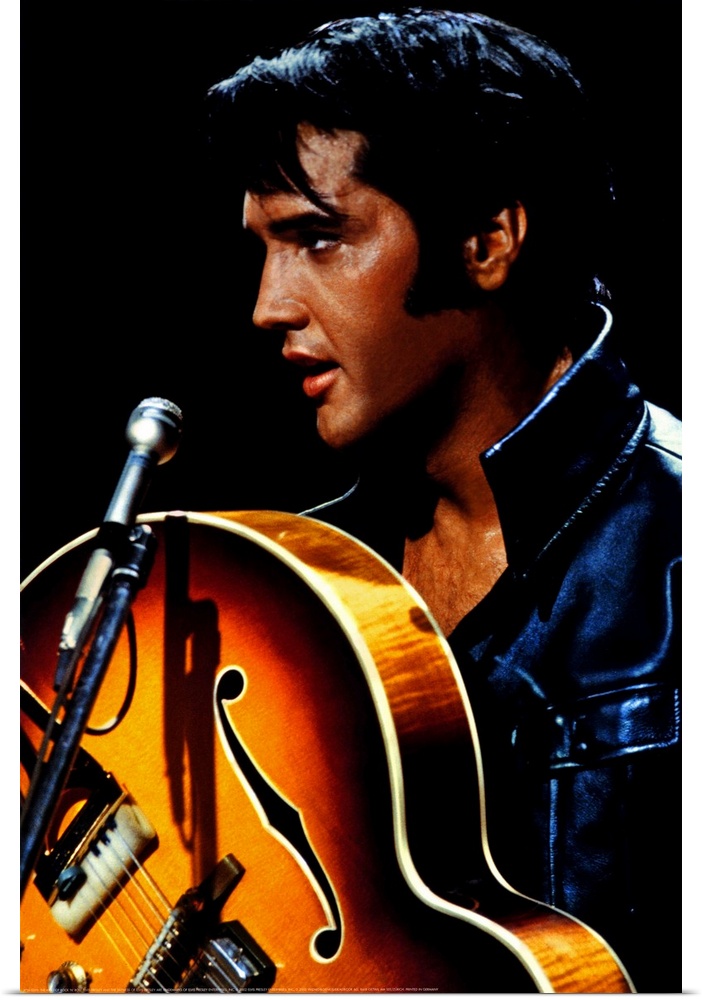 Big canvas photo of an up close shot of Elvis Presley holding a guitar in front of a microphone.