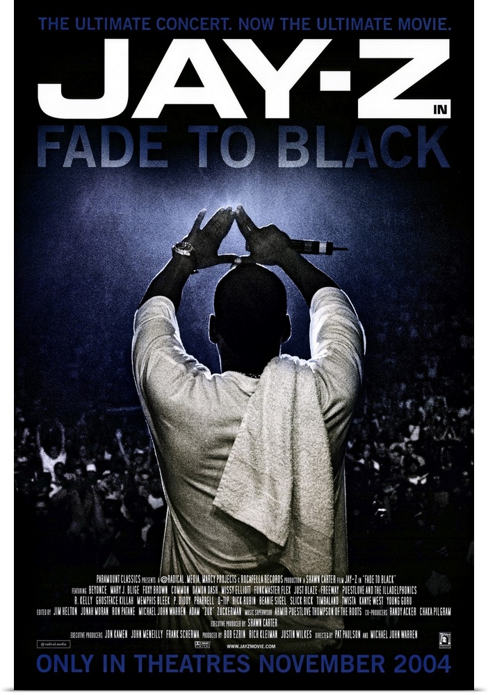 Vertical movie advertisement for the 2004 film, Fade to Black, starring Jay-Z.  Jay-Z stands facing an audience in the dar...