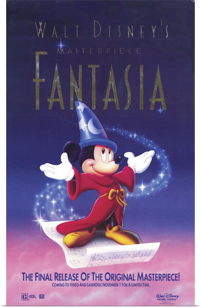 Movie poster for Disney's 1940 film Fantasia. Mickey wears a red robe and blue pointy hat as he stands on a sheet of music.