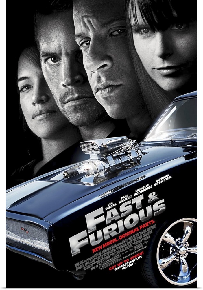 Large, vertical movie advertisement for the Fast & Furious 4.  A muscle car in the foreground with the movie title and cre...