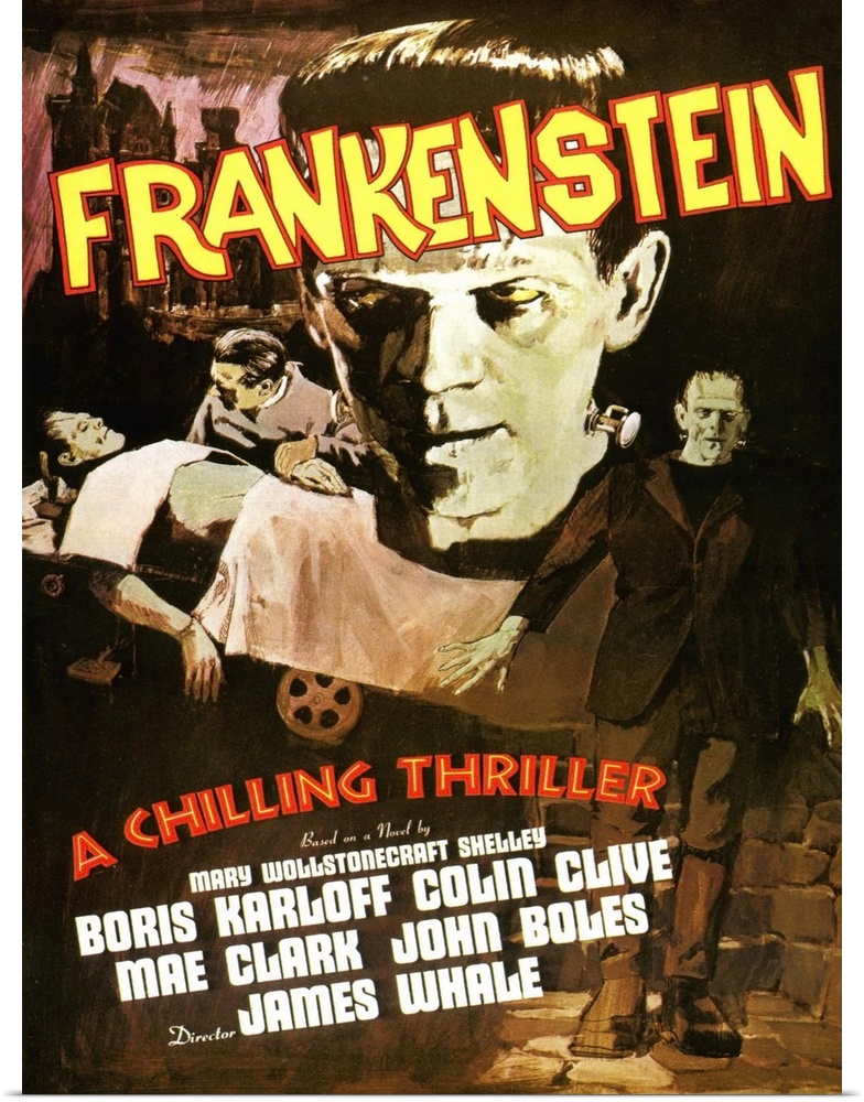 Movie poster for the classic movie "Frankenstein". It shows a close up of only his head, him lying on the table with the d...
