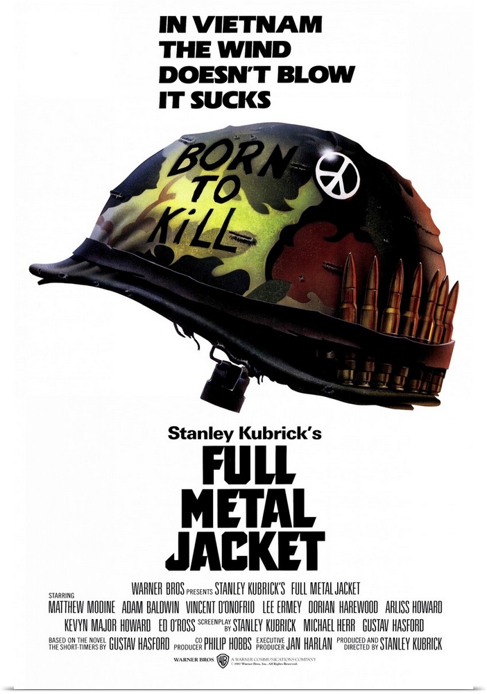 Poster for the hit movie "Full Metal Jacket". A military helmet is pictured with a peace sign on it, a round of bullets on...