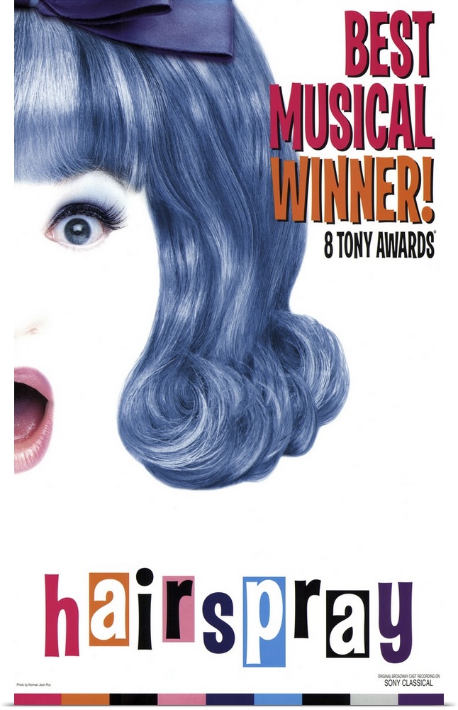 Poster for the Broadway rendition of Hairspray. It shows half the face and hair of one of the main characters.