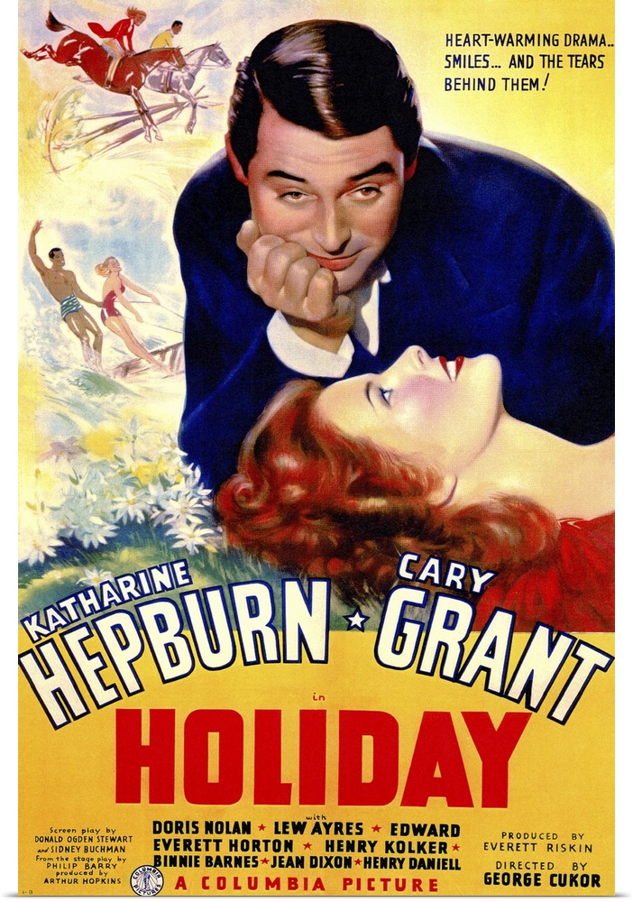 Poster for the classic movie "Holiday" debuting in 1938. It shows the female lead laying her head down staring up at the m...
