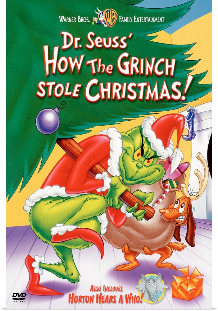 Movie poster of "Dr. Seuss' How the Grinch Stole Christmas". It shows the Grinch sneaking out with the Christmas tree in h...