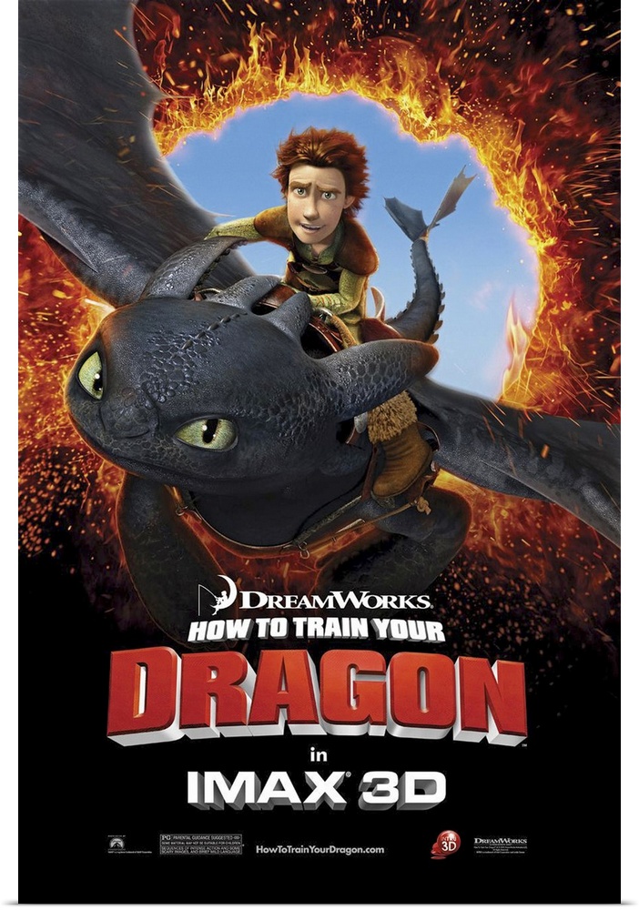 A movie poster for the popular animated movie shows the hero rides on the back of a dragon through a circle of fire.