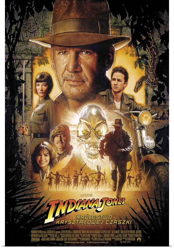 Movie poster for the fourth Indiana Jones movie, showing characters from the movie including Harrison Ford.