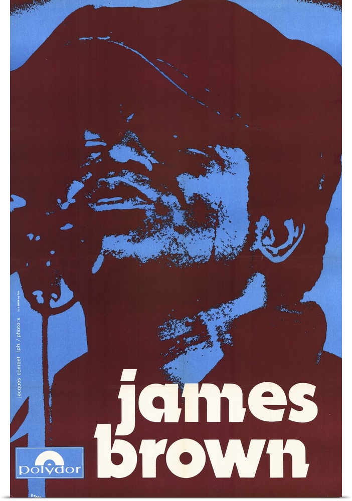 A vintage poster of James Brown that uses only blue and a deep red color to silhouette his portrait.
