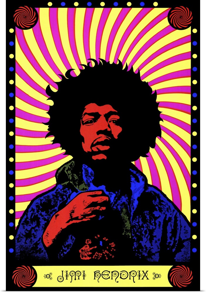 A psychedelic colored portrait of the singer Jimi Hendrix against a swirled pink and yellow background with his name at th...