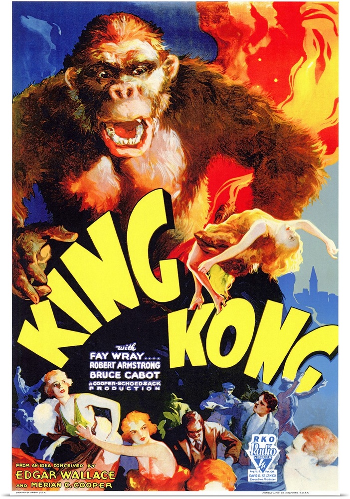 Poster for the 1933 movie King Kong. It shows King Kong towering over people at the bottom of the poster while he is holdi...