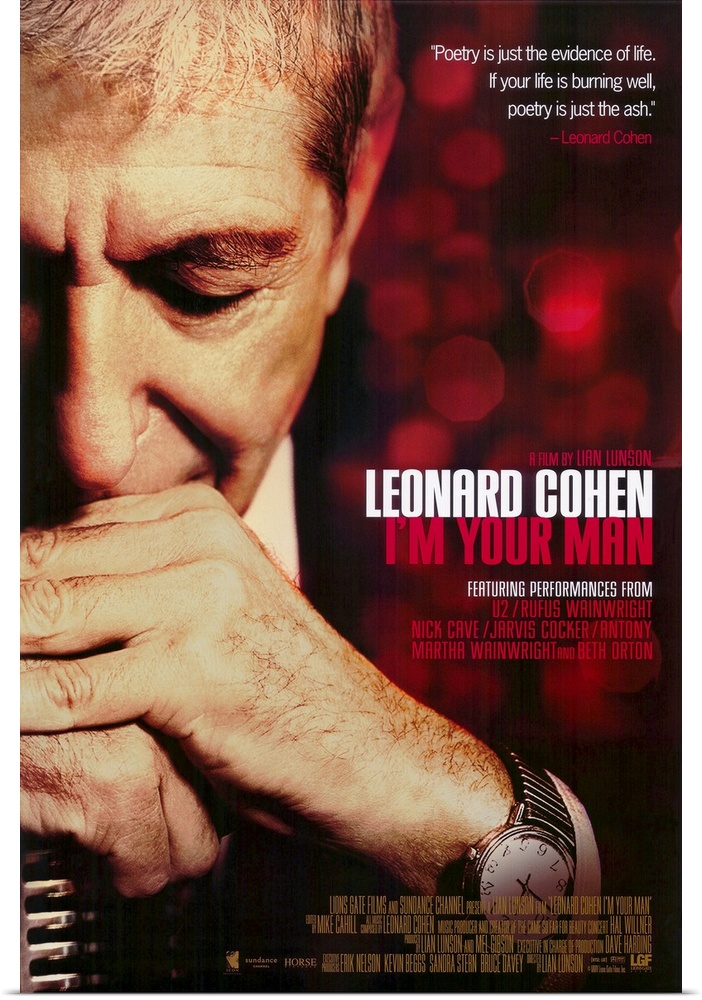 Poster for the movie titled "Leonard Cohen I'm Your Man". It shows a man with both his hands folded in front of his mouth ...