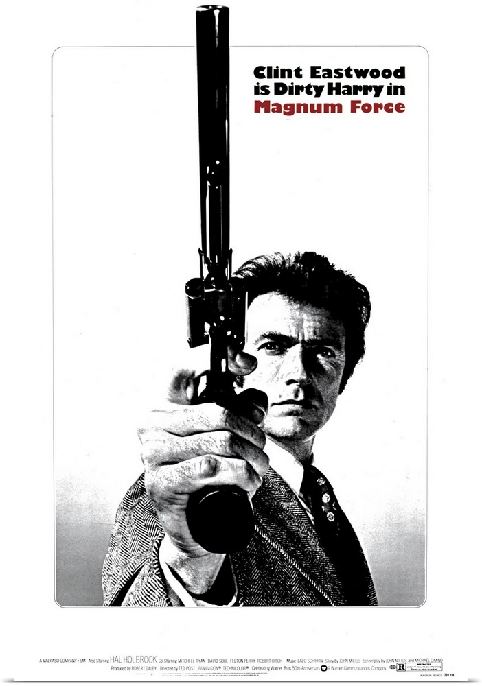 Poster for the movie "Magnum Force" showing Clint Eastwood and the gun he is holding straight up into the air very largely...