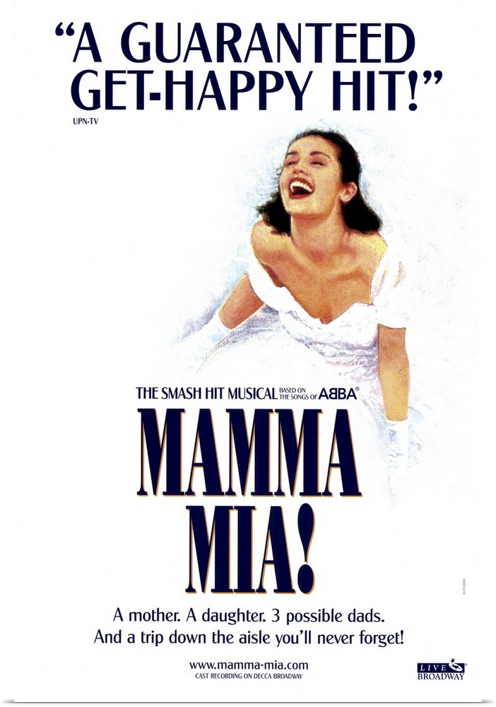 Portrait, large wall hanging for the Broadway musical, Mamma Mia of a woman in a white dress laughing, surrounded by a sol...