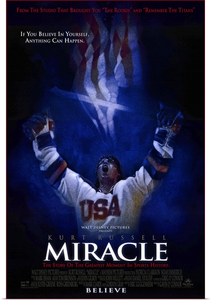 Docudrama movie poster for film "Miracle," starring Kurt Russell as US men's hockey team head coach Herb Brooks.  The stor...
