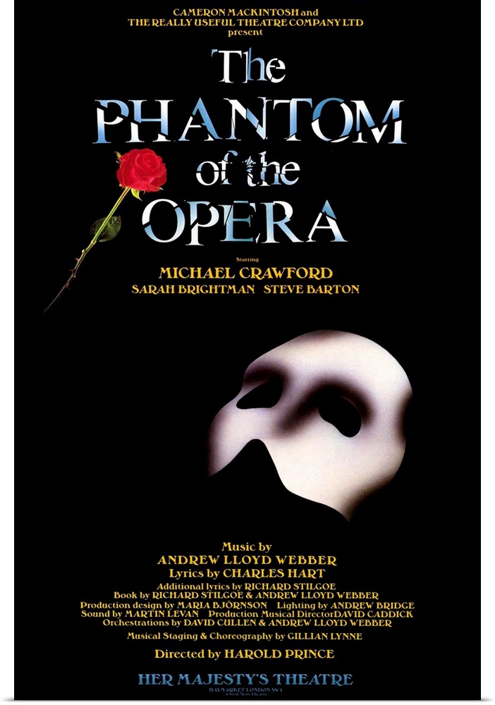 Broadway poster for Andrew Lloyd Webber's play, The Phantom of the Opera, displaying the Phantom's mask and a single rose.