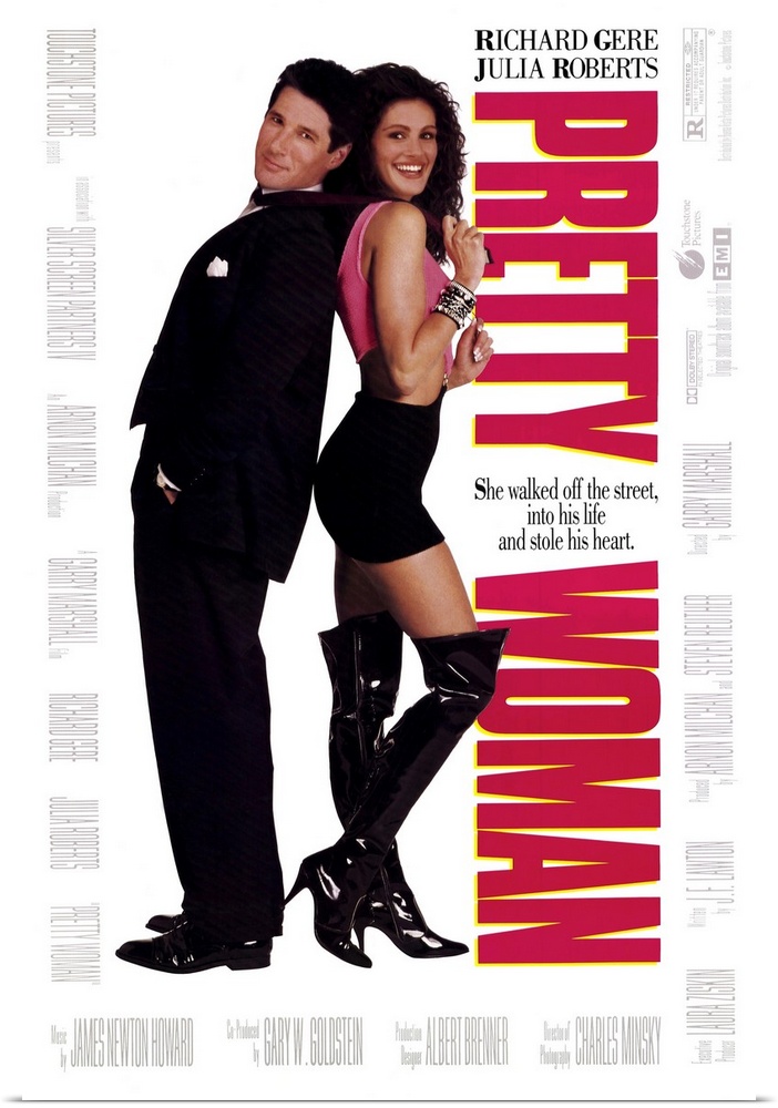 Vertical, large movie advertisement for "Pretty Woman", with Julia Roberts and Richard Gere standing back to back on a sol...