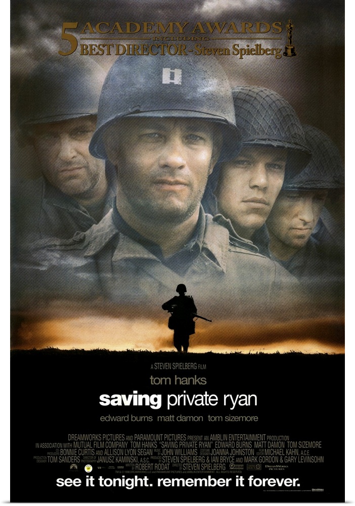 The classic movie poster for "Saving Private Ryan". There is a faded picture of the four main characters up top with a sil...
