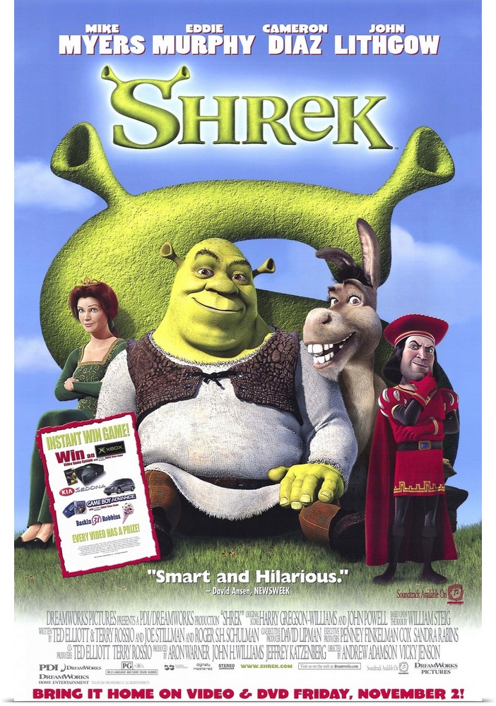 Animated tale from DreamWorks about a grumpy green ogre, Shrek (Myers), who's upset when some annoying fairy types overrun...