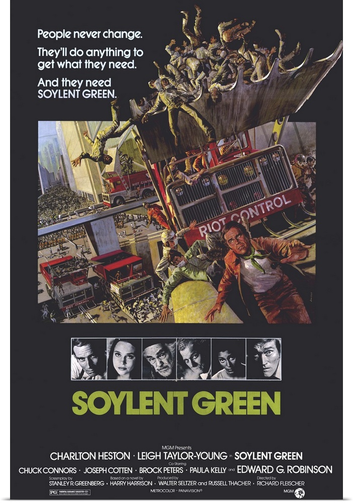 In the 21st Century, hard-boiled police detective Heston investigates a murder and discovers what soylent green--the peopl...
