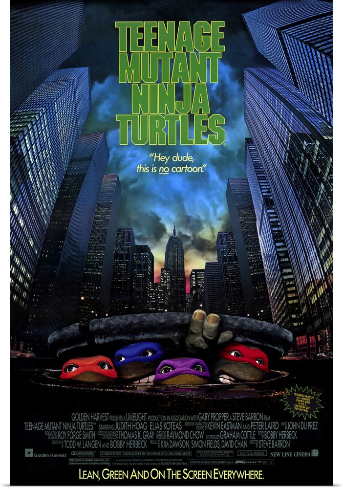 Poster for the 1989 film "Teenage Mutant Ninja Turtles". It shows the four turtles faces popping out from under a man hole...