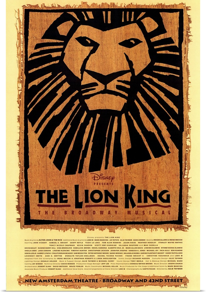 Large canvas of a poster for The Lion King on Broadway.