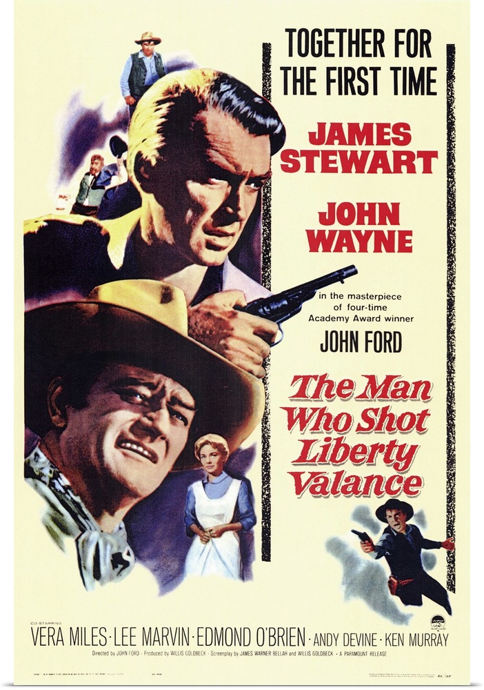 Tough cowboy Wayne and idealistic lawyer Stewart join forces against dreaded gunfighter Liberty Valance, played leatherly ...