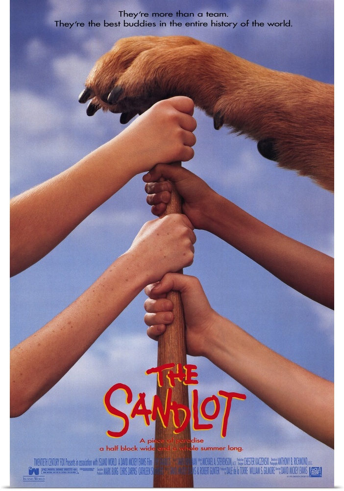Big, vertical movie advertisement for the 1993 film, The Sandlot.  A baseball bat is held upright by four children's hands...