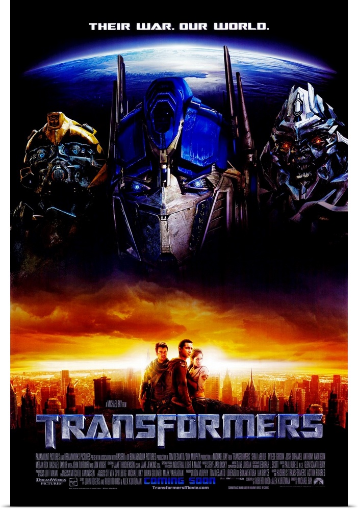 Movie poster for the first Transformers film with the three main auto bots pictured above the city where their battle ensu...