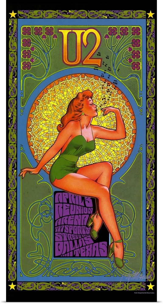 This is a music poster that uses a combination of Art Nouveau and Arts & Crafts decorative elements and a retro pin up gir...