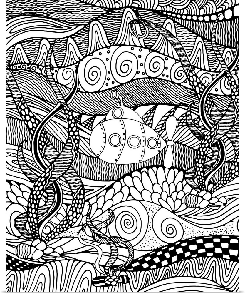 Contemporary line art of a submarine against a background of intricately pattered and decorated wave designs. Perfect for ...